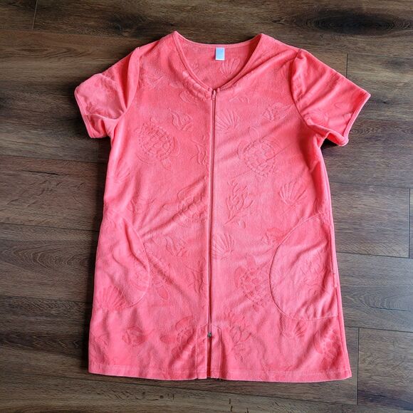 Womens ADONNA Terry cloth Zip Cover Up Robe L Coral Turtle Shells Print Pockets - Picture 5 of 13